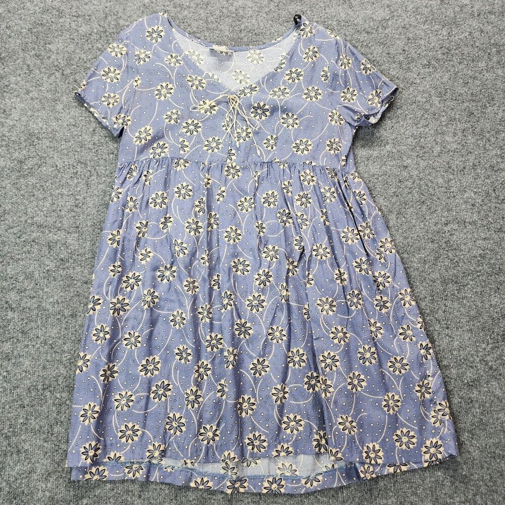Vintage 80s 1980s Floral Babydoll Baby Doll Mini Dress Blue Lace Up Y2k 90s Sz 9